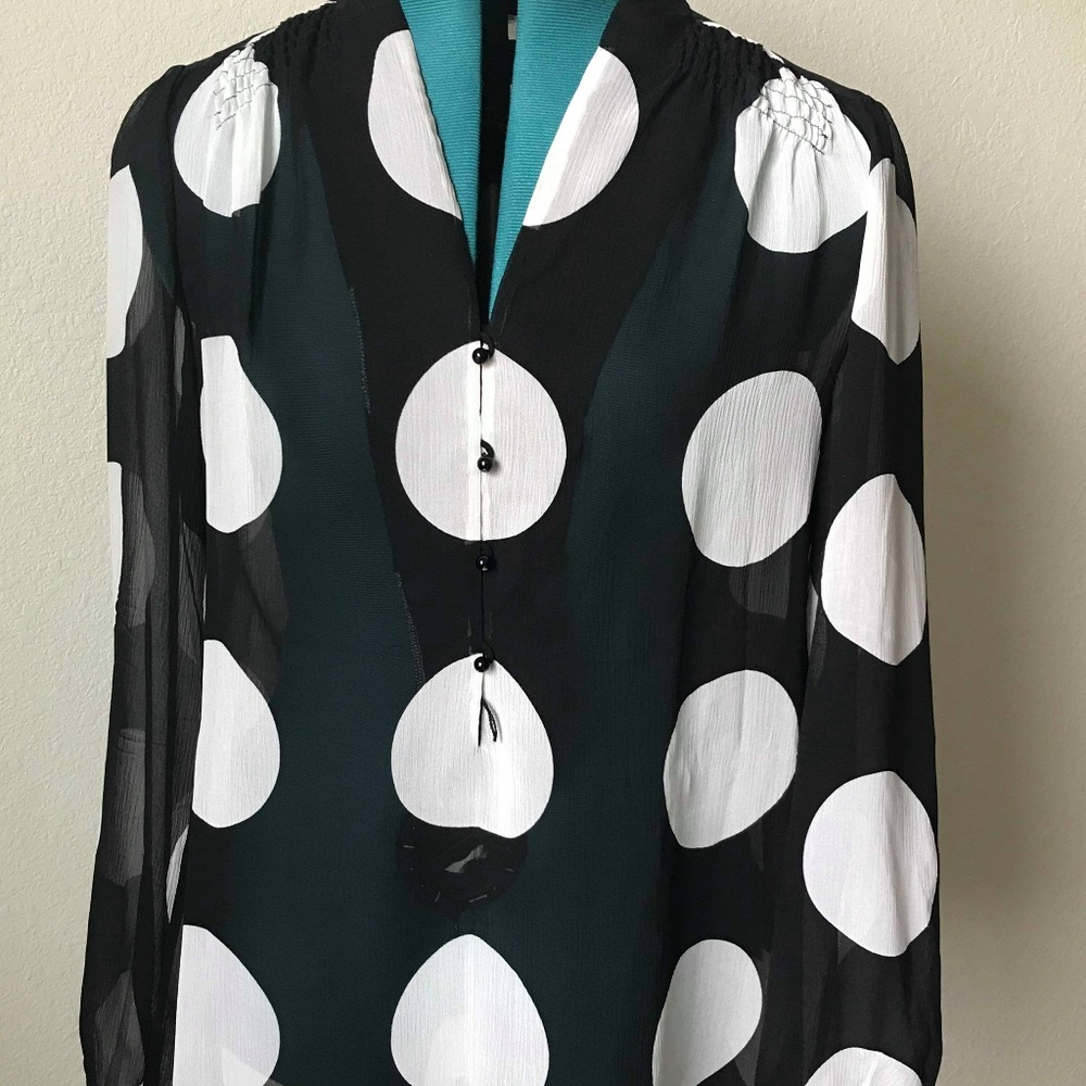 ECI NY sheer black w/ white dots blouse buttons 8